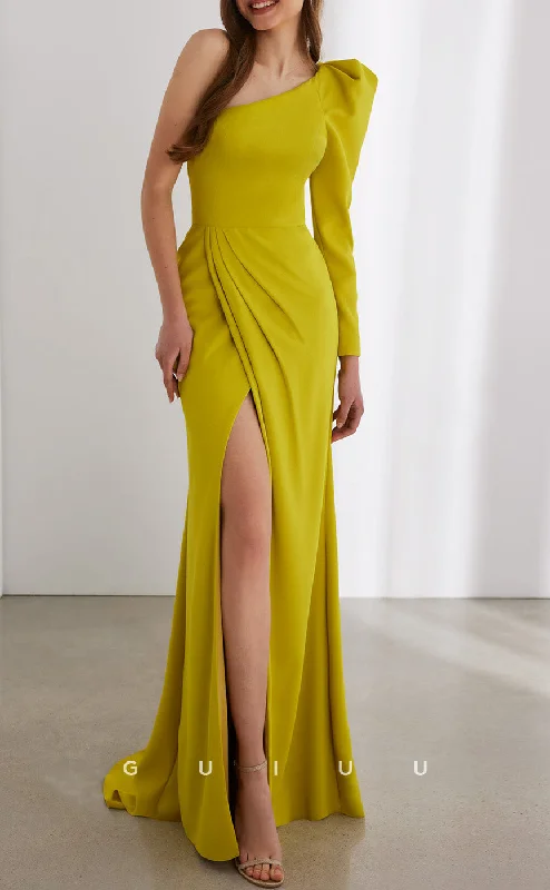 Cocktail dress for date night -GM203 - Sheath One Shoulder Long Sleeves Cocktail Dress Wedding Guest Dress with Slit and Train