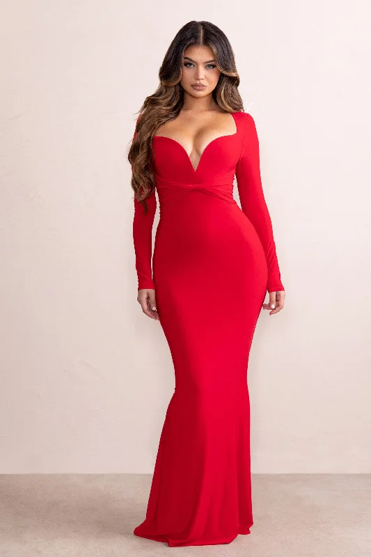 Maxi Dress For Prom -Leah | Red Plunge Sweetheart Neckline Fishtail Maxi Dress With Twist Front Detail