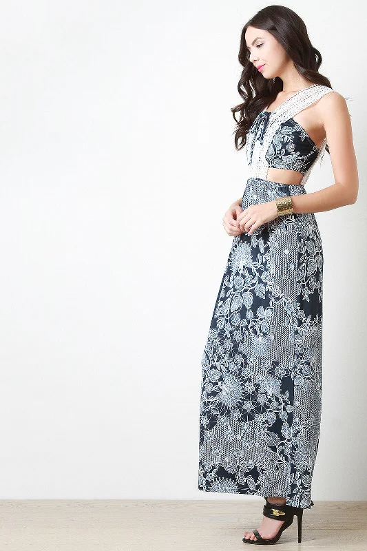 Evening Maxi Dress -Crochet Lace Side Cutout Maxi Dress