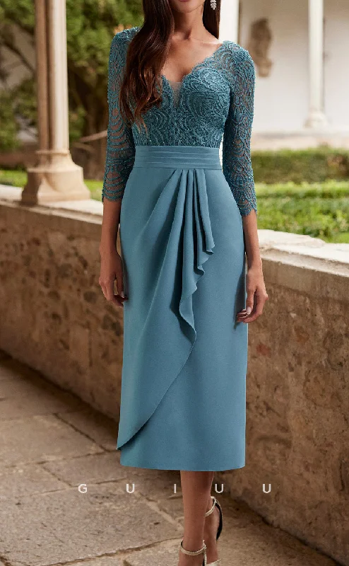 Cocktail dress with embroidery details -GM177 - Sheath V Neck 34 Length Sleeves Tea Lebgth Ruffles Lace Cocktail Dress Wedding Guest Dress