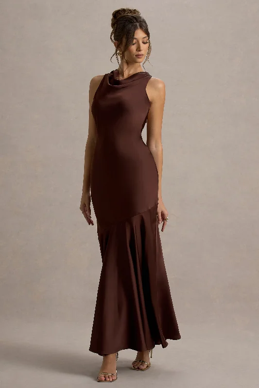 Maxi Dress For Summer Wedding -Amelita | Brown Satin Cowl-Neck Maxi Dress