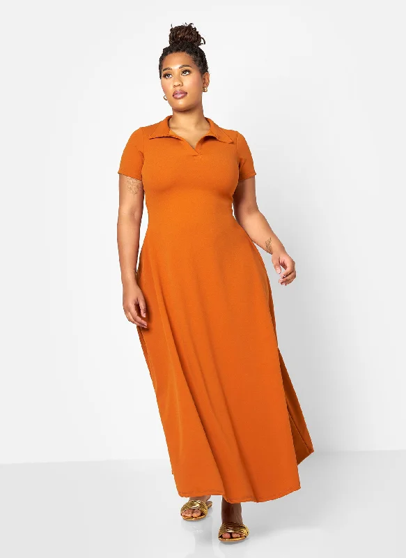 Maxi Dress With Sequins -Morgana Crepe Collared Maxi A Line Dress - Spice