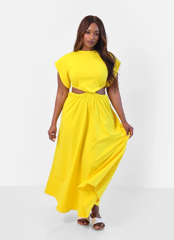 Maxi Dress For Beach -Desires Cut Out Maxi A Line Dress - Yellow