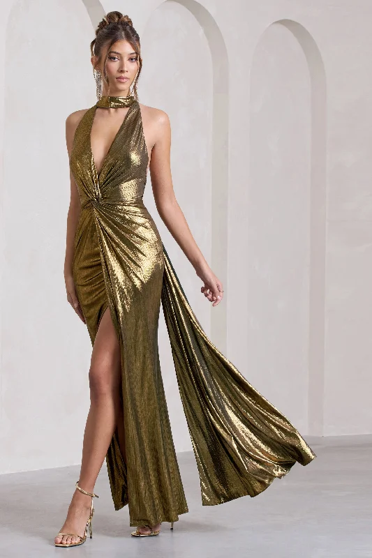 Summer Maxi Dress -Lost | Gold Metallic Halter-Neck Cut-Out Split Maxi Dress With Drape