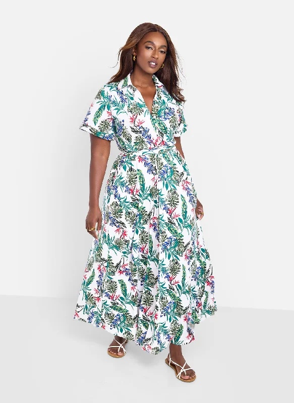 Maxi Dress With Side Pockets -Allow Me Floral Print Button Top Skater Maxi Dress - Green