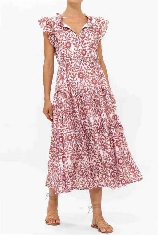 Midi Dress With Floral Applique -Cinched Flirty Midi Dress In Jakarta Brown