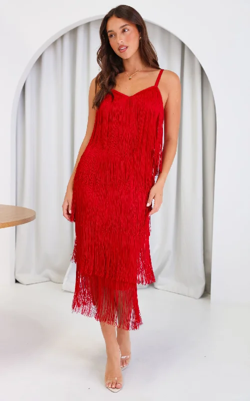 Maxi Dress With Belt -You Found Me Fringe Tassel Maxi Dress - Red