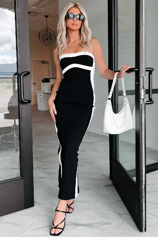 Maxi Dress With Off Shoulder Style -You'll Remember Me Strapless Contrast Maxi Dress (Black)