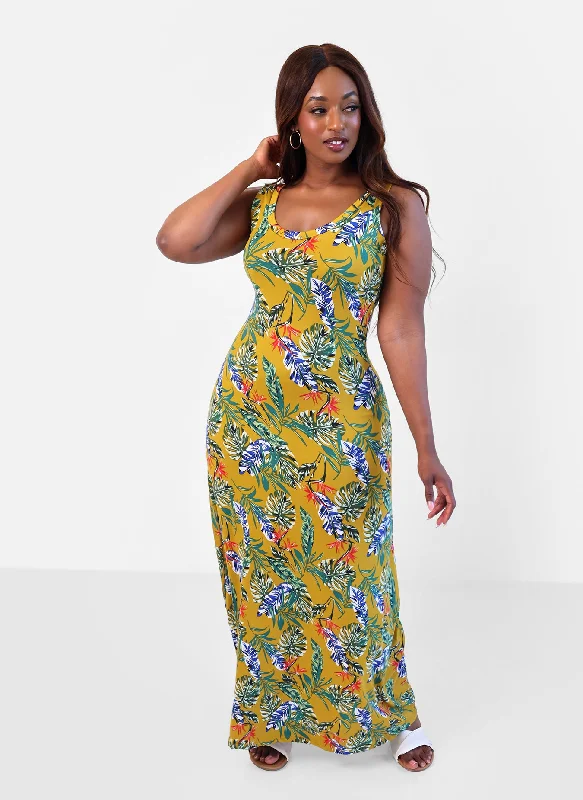 Maxi Dress With Button Front -Bright Idea Tropical Print A-Line Maxi Dress