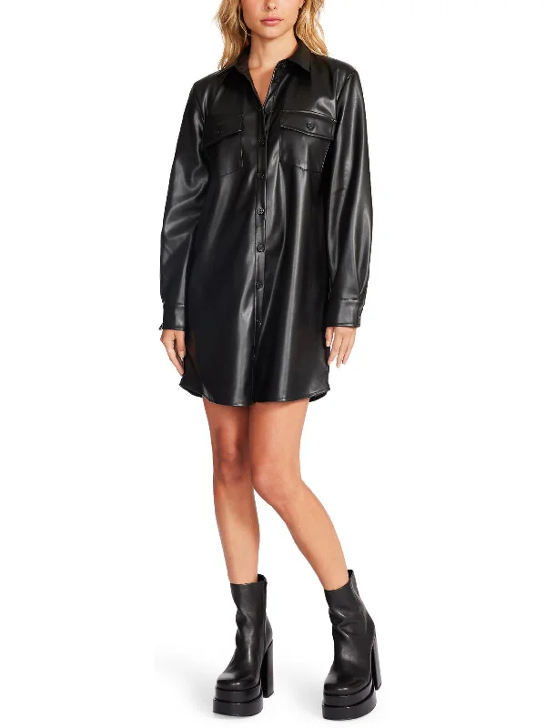 Winter thick wool mini dress-Womens Faux Leather Mini Shirtdress