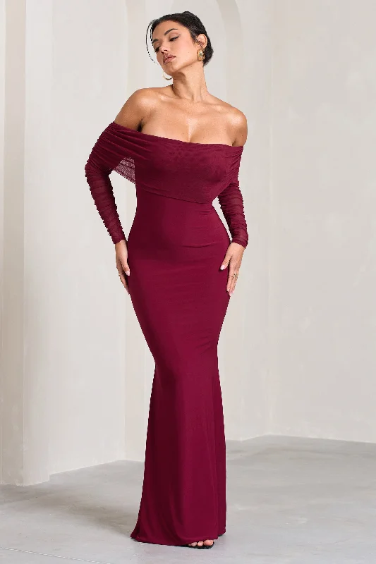 Evening Maxi Dress -Madeleine | Berry Fishtail Maxi Dress With Bardot Mesh Long Sleeves