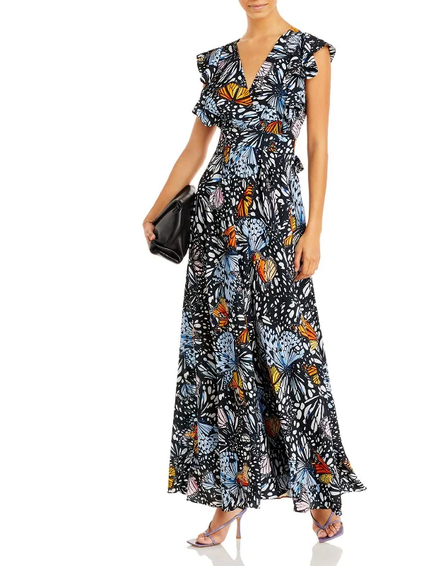 Maxi Dress With Side Slit -Butterfly Womens Flutter Sleeve Long Maxi Dress