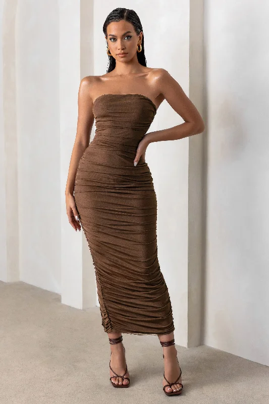 Maxi Dress For Winter -My Lady | Chocolate Brown Strapless Bodycon Ruched Mesh Maxi Dress