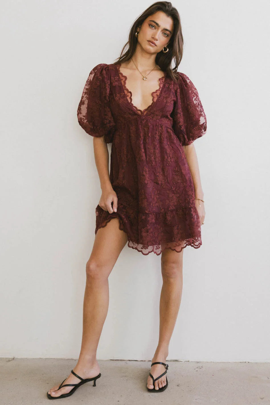 Flattering pink ruffle short mini dress-Tiana Embroidered Mini Dress in Red-Brown