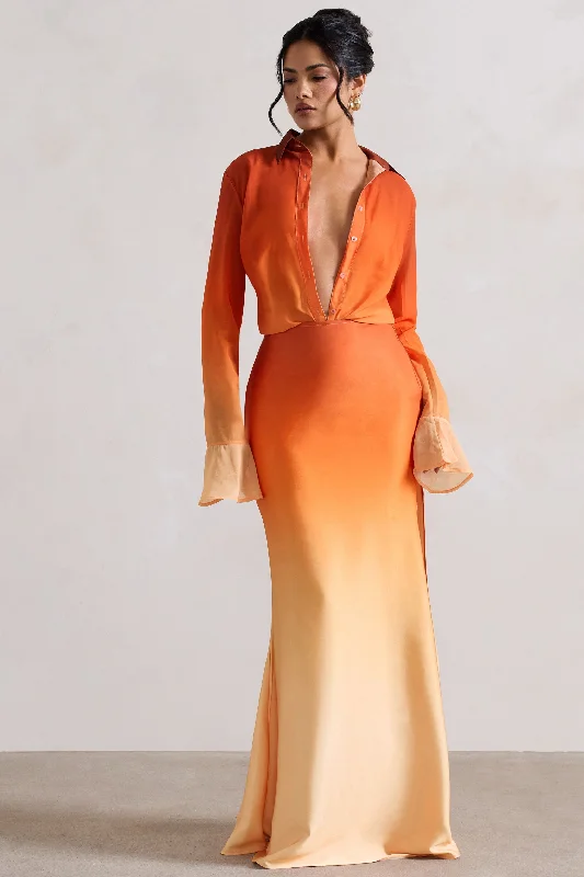 Maxi Dress For Elegant Dinner -Serita | Orange Ombre Satin Split Maxi Skirt