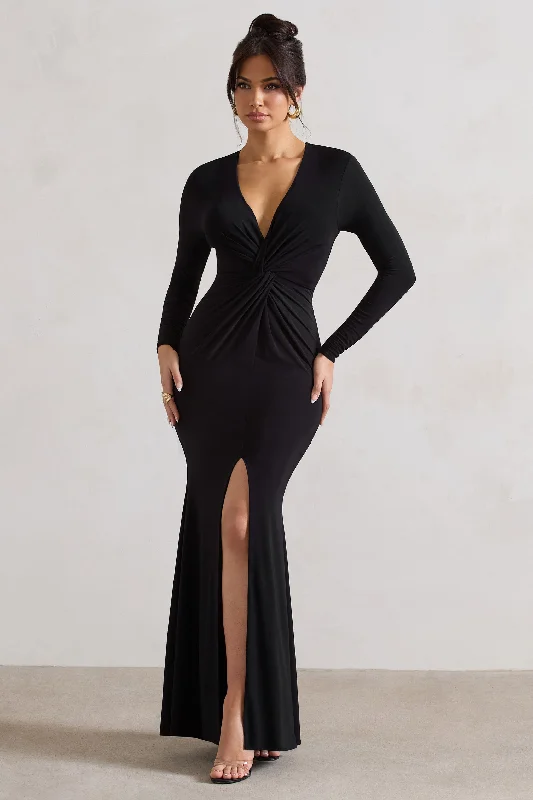 Maxi Dress With Open Back Design -Tianna | Black Plunge-Neck Twisted Split Maxi Dress