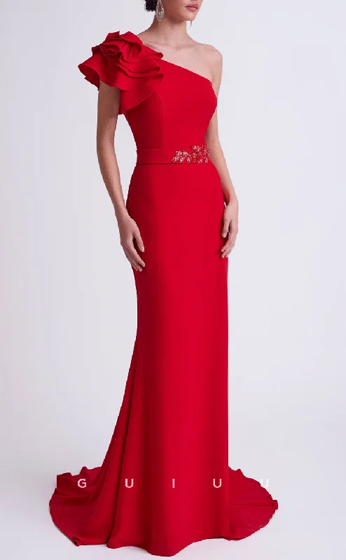 Cocktail dress with subtle sparkle -GM264 - Sheath One Shoulde Sleeveless Ruffles Long Cocktail Dress with Train