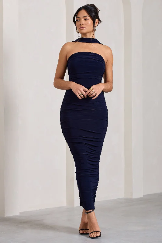 Maxi Dress With Pockets -Entranced | Navy Ruched Bandeau Maxi Dress With Halter Collar