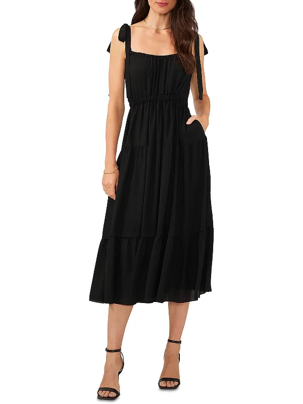 Midi Dress With Lace-Up -Womens Pleated Boho Midi Dress