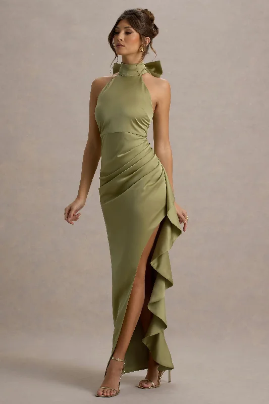 Maxi Dress With Draped Waist -Maureen | Light Green Satin High-Neck Draped Maxi Dress