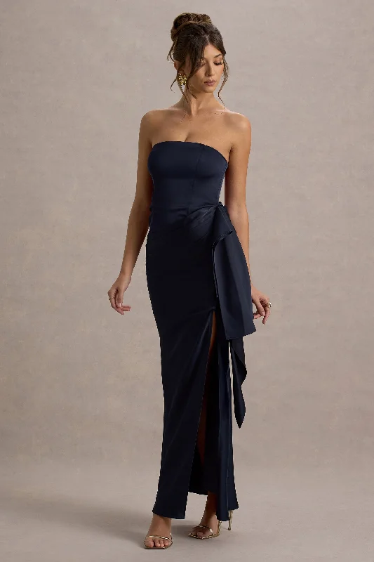 Maxi Dress For Wedding -Loz | Navy Satin Bandeau Draped Maxi Dress