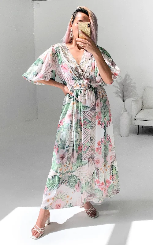 Maxi Dress For Beach Wedding -Jordina Gem Embellished Maxi Dress - Tropical Print