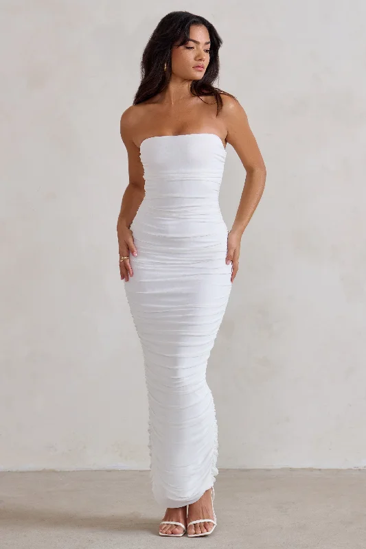 Maxi Dress With Lace Sleeves -My Lady | White Strapless Bodycon Ruched Mesh Maxi Dress