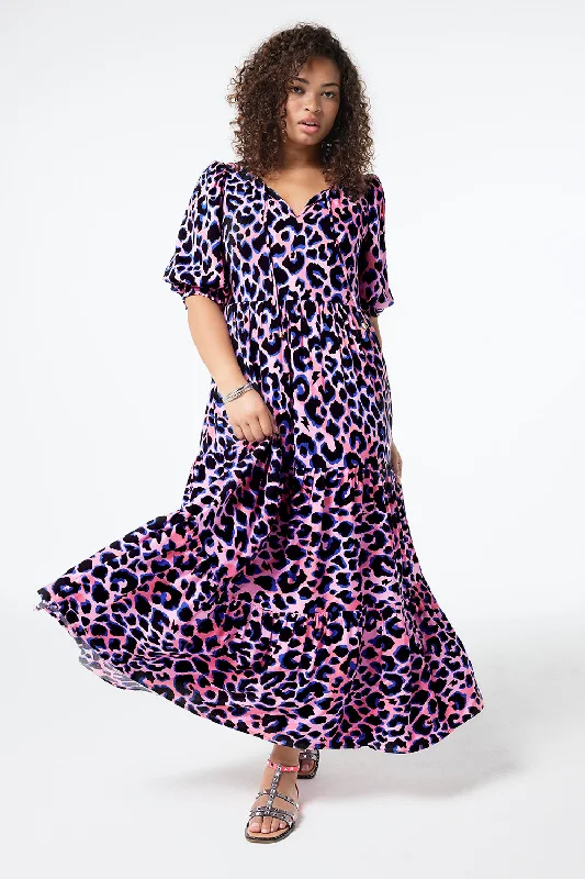 Maxi Dress With Floral Print -Pink with Blue and Black Shadow Leopard Tie Front Maxi Dress