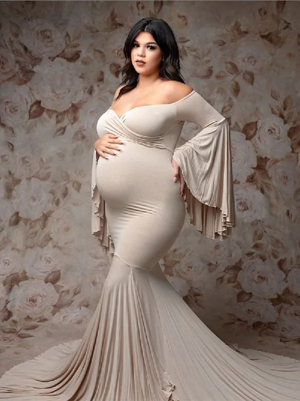 Maxi Dress With Frills -V Neck Party Dress Elegant Bell Sleeve Maternity Dress Maxi Mermaid Dress YW21010