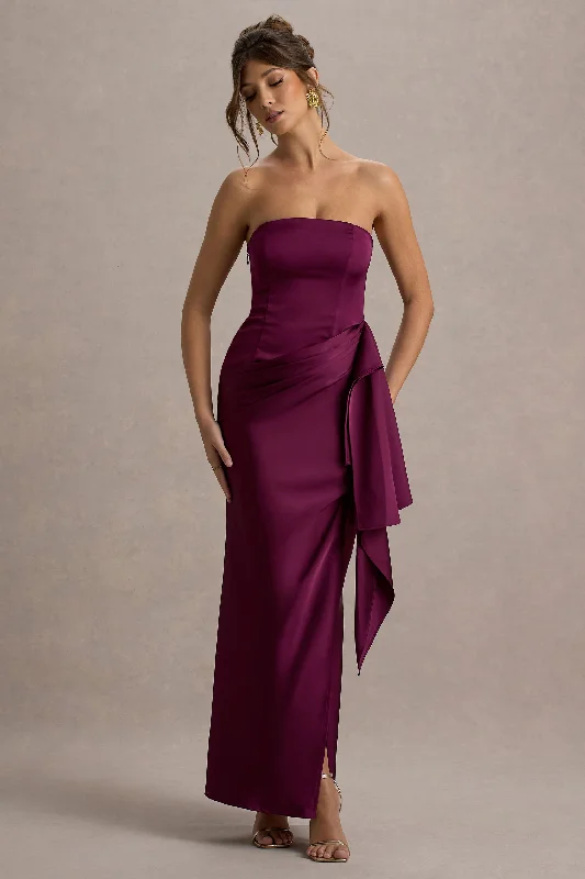 Maxi Dress For Formal Events -Loz | Burgundy Satin Bandeau Draped Maxi Dress