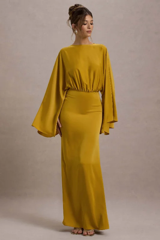 Maxi Dress For Women -Zuzanna | Mustard Draped Maxi Dress With Cape Sleeves