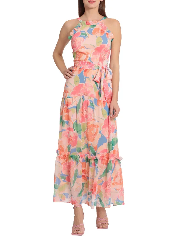 Maxi Dress With Gathered Waist -Womens Floral Maxi Halter Dress