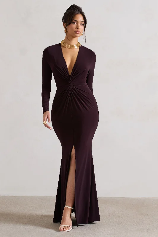 Black Maxi Dress -Tianna | Dark Plum Plunge-Neck Twisted Split Maxi Dress