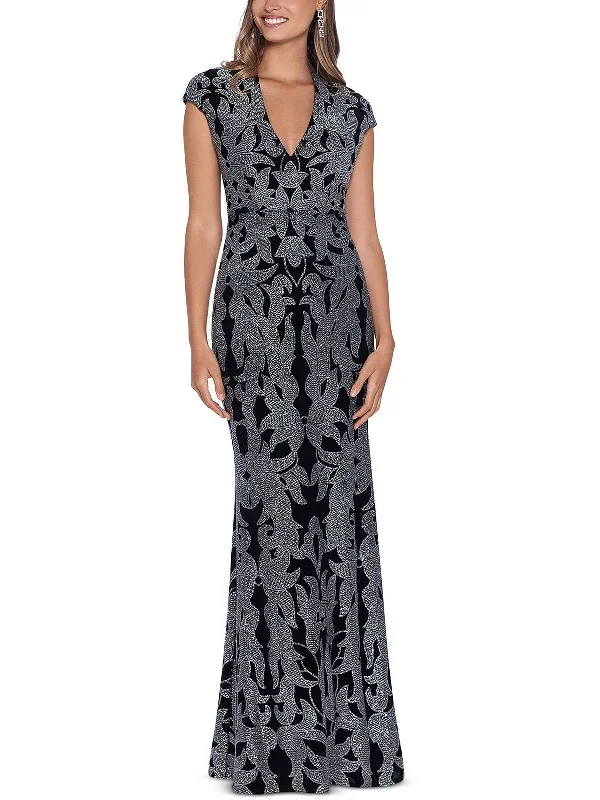 Maxi Dress With Deep Neckline -Womens Glitter Maxi Evening Dress