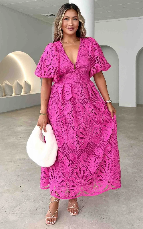 Maxi Dress With Off Shoulder Style -Hazelle Lace Maxi Dress - Hot Pink