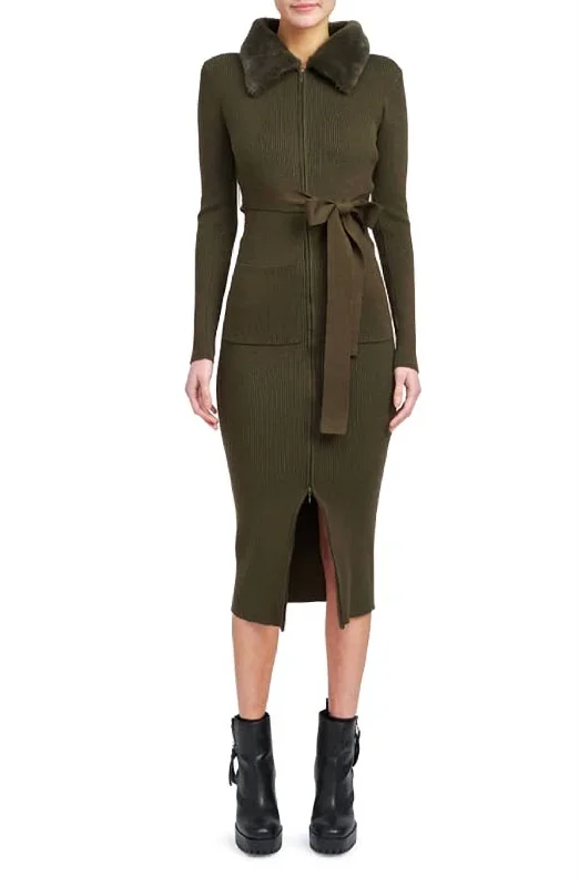 Midi Dress With Velvet Fabric -Long Sleeve Belted Midi Dress With Faux Fur Collar In Olive