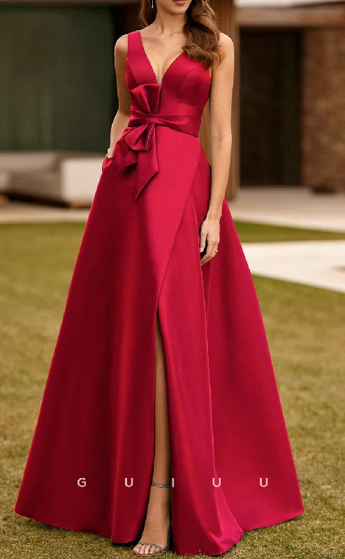 Cocktail dress with deep back cut -GM281 - A-Line V Neck Sleeveless Long Cocktail Dress with Slit and Boe Knot