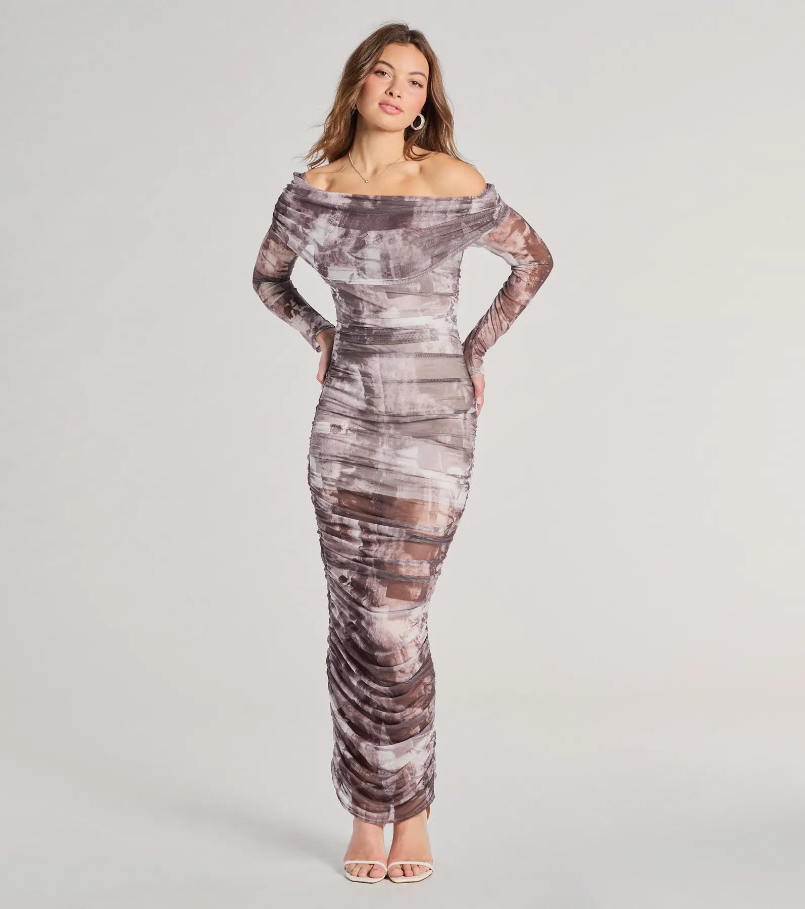 Maxi Dress With Tied Waist -Uptown Doll Off-The-Shoulder Abstract Maxi Dress