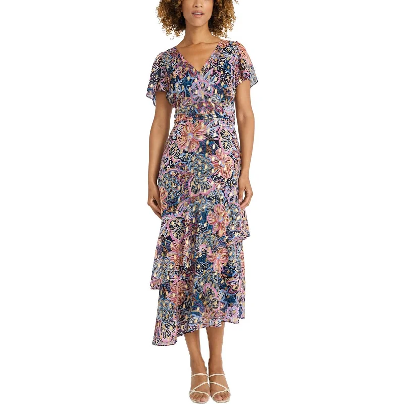 Elegant Midi Dress -Womens Ruffled Floral Print Midi Dress