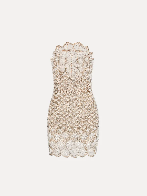 Cocktail dress with metallic accents -Pearl Embroidered Scallop Dress