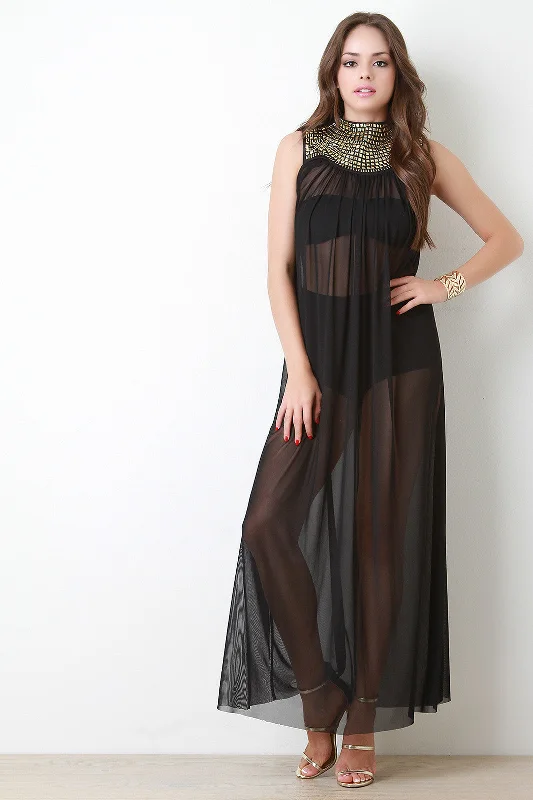 Maxi Dress With Puff Sleeves -Chiffon Studded Yoke Cover Up Maxi Dress