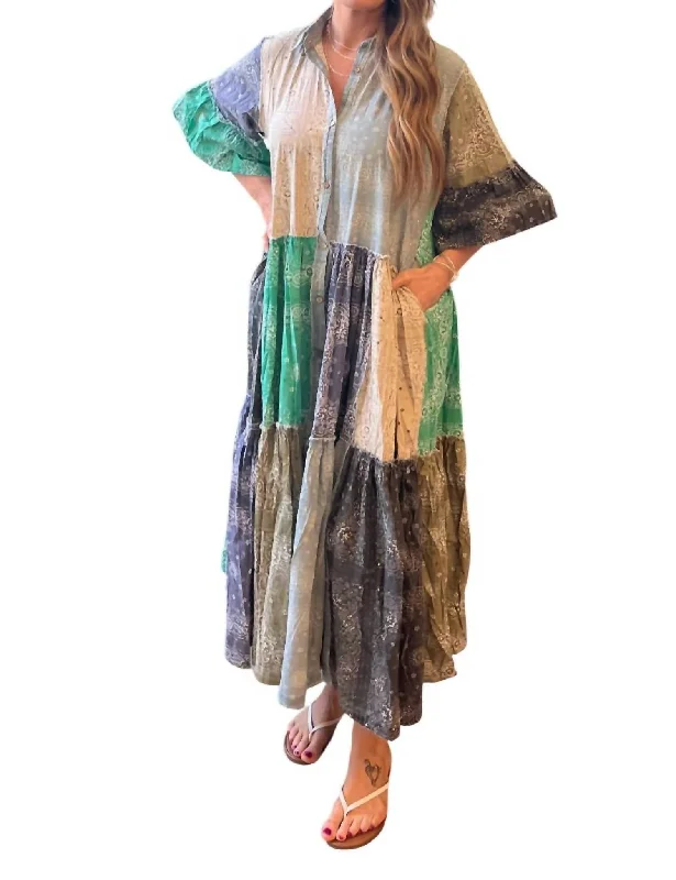 Midi Dress For Outdoor Events -Patchwork Midi Shirt Dress Wtih Pockets In Multi