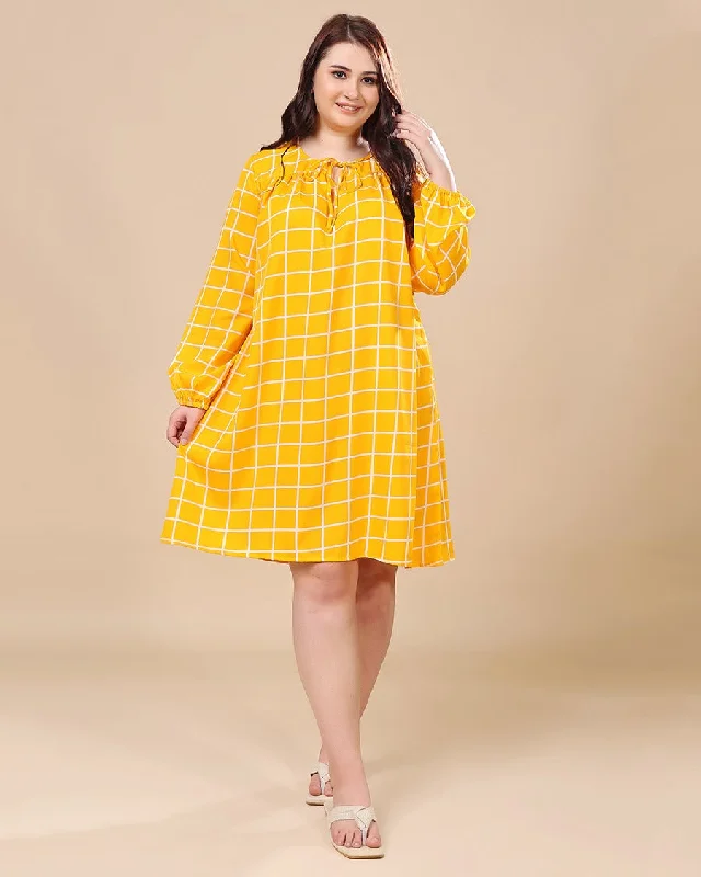 Breathable linen summer casual mini dress-Yellow Checked Dress