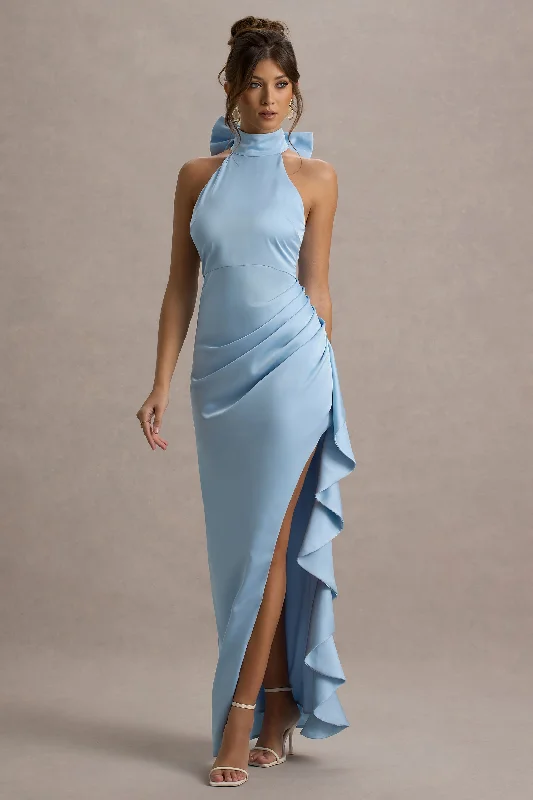 Maxi Dress With Frills -Maureen | Powder Blue Satin High-Neck Draped Maxi Dress