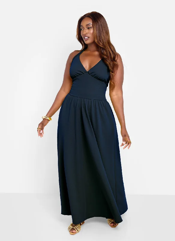 Maxi Dress With Pleated Skirt -Isabella Halter Skater Maxi Dress - Black