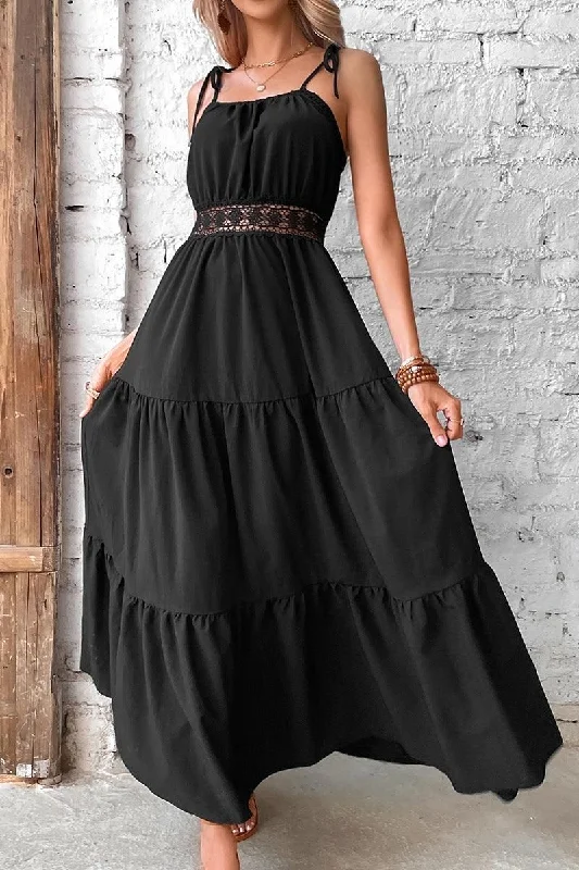 Maxi Dress With Slit -TIED STRING SPAGHETTI STRAP LACE WAIST MAXI DRESS