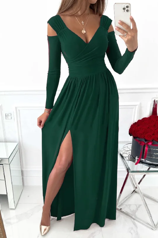 Maxi Dress With Halter Neck -Slit Surplice Long Sleeve Maxi Dress