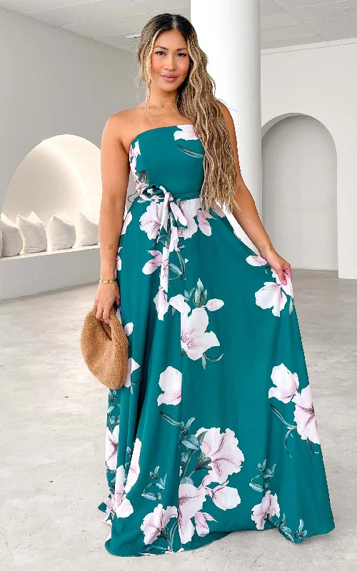 Maxi Dress With Full Skirt -Tamra Maxi Dress - Green Floral