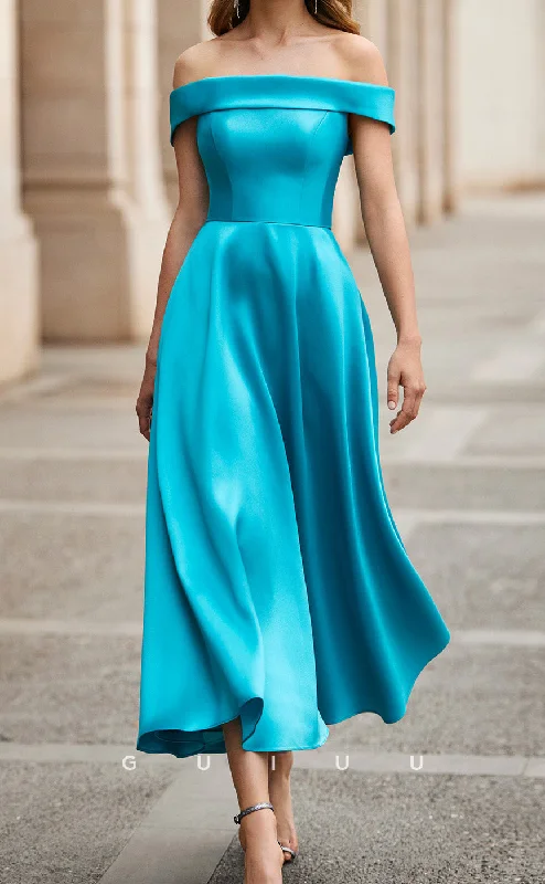 Cocktail dress with bow -GM222 - A-Line Off Shoulder Sleeveless Stain Lake Blue Wedding Guest Dress Cocktail Dress