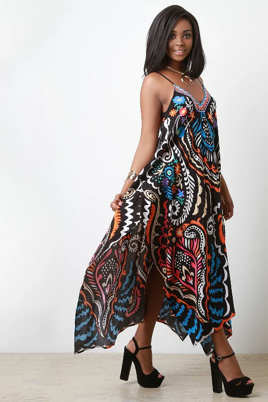 Maxi Dress With Ruching -Colorful Print Asymmetrical Hem Maxi Dress